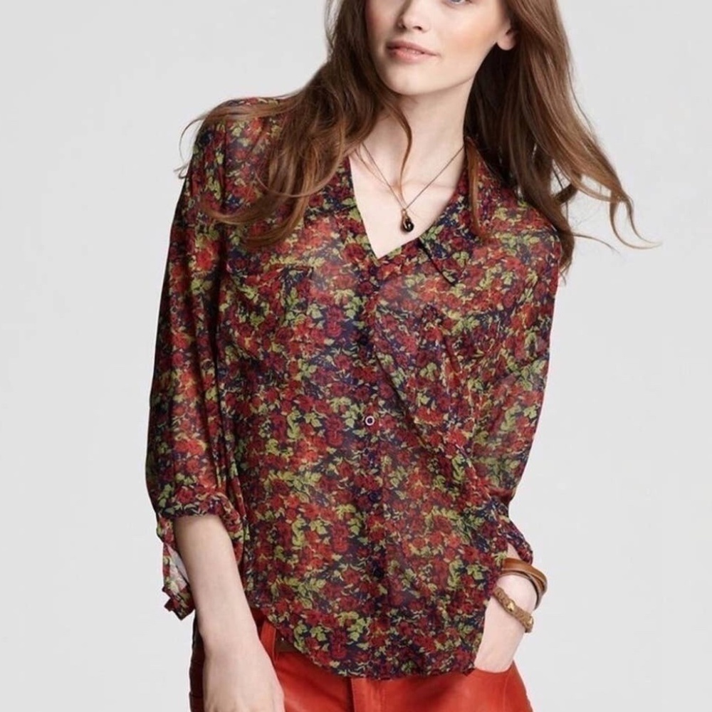 Free People Easy Rider Floral Sheer Button Down Long Sleeve Blouse - Size S